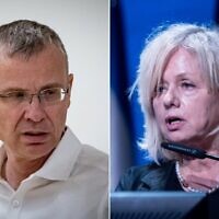 De gauche à droite : le ministre de la Justice Yariv Levin ; la procureure générale Gali Baharav-Miara. (Crédit : Flash90)