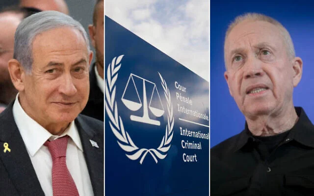Le Premier ministre israélien Benjamin (à gauche) Netanyahu à la Knesset, le 11 novembre 2024. (Crédit : Yonatan Sindel/Flash90) ; Façade de la Cour pénale internationale, ou CPI, à La Haye, aux Pays-Bas, le 30 avril 2024. (AP/Peter Dejong) ; Le ministre de la Défense de l'époque, Yoav Gallant, s'exprime lors d'une conférence de presse au quartier général militaire de Kirya à Tel Aviv, le 5 novembre 2024. (Crédit : Miriam Alster/Flash90)