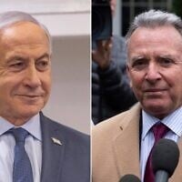 De gauche à droite : Le Premier ministre Benjamin Netanyahu, au tribunal de Tel Aviv, le 9 avril 2025 ; l'envoyé américain au Moyen-Orient Steve Witkoff, devant la Maison Blanche, le 6 mars 2025. (Crédit : Miriam Alster/Flash90 ; Ben Curtis/AP)