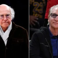 A gauche, Larry David quitte un match de basket-ball de la NBA le 8 février 2025 à New York. (Crédit : AP Photo/Noah K. Murray) A droite, Bill Maher regarde un match de basket-ball le 3 avril 2025 à Los Angeles. (Crédit : AP Photo/Mark J. Terrill)