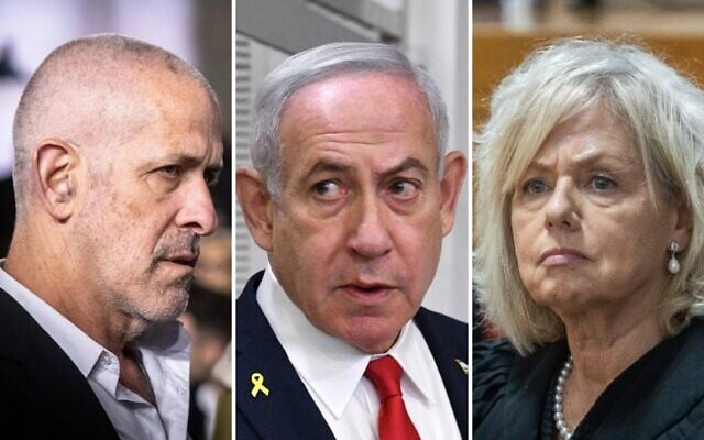 À gauche : Ronen Bar, chef du Shin Bet ; au centre : Benjamin Netanyahu ; à droite : la procureure générale Gali Baharav-Miara. (Crédit : Chaim Goldberg/Flash90 ; Reuven Kastro/Pool ; Oren Ben Hakoon/Pool) À gauche : Ronen Bar, chef du Shin Bet ; au centre : Benjamin Netanyahu ; à droite : la procureure générale Gali Baharav-Miara. (Crédit : Chaim Goldberg/Flash90 ; Reuven Kastro/Pool ; Oren Ben Hakoon/Pool)