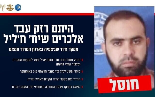 Haitham Razek Abd al-Karim Sheikh Khalil, le commandant du bataillon Shejaiya du Hamas, sur cette infographie publiée le 10 avril 2025. (Crédit : Armée israélienne) Haitham Razek Abd al-Karim Sheikh Khalil, le commandant du bataillon Shejaiya du Hamas, sur cette infographie publiée le 10 avril 2025. (Crédit : Armée israélienne)