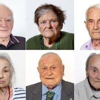 Rangée supérieure, de gauche à droite : Arie Durst, Monika Barzel, Felix Sorin. Rangée inférieure, de gauche à droite : Rachel Katz, Arie Reiter et Gad Fartouk, six survivants choisis pour allumer les flambeaux lors de la cérémonie nationale de Yom HaShoah, à Yad Vashem, le 23 avril 2025. (Crédit : Yad Vashem)