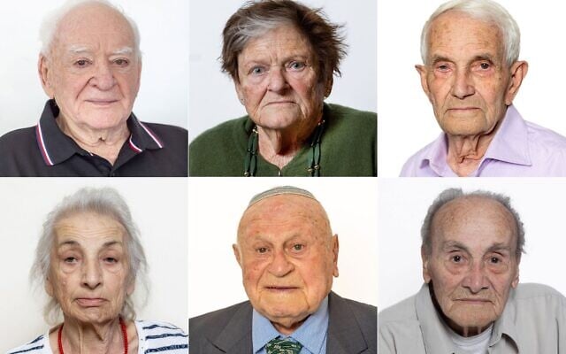 Rangée supérieure, de gauche à droite : Arie Durst, Monika Barzel, Felix Sorin. Rangée inférieure, de gauche à droite : Rachel Katz, Arie Reiter et Gad Fartouk, six survivants choisis pour allumer les flambeaux lors de la cérémonie nationale de Yom HaShoah, à Yad Vashem, le 23 avril 2025. (Crédit : Yad Vashem)