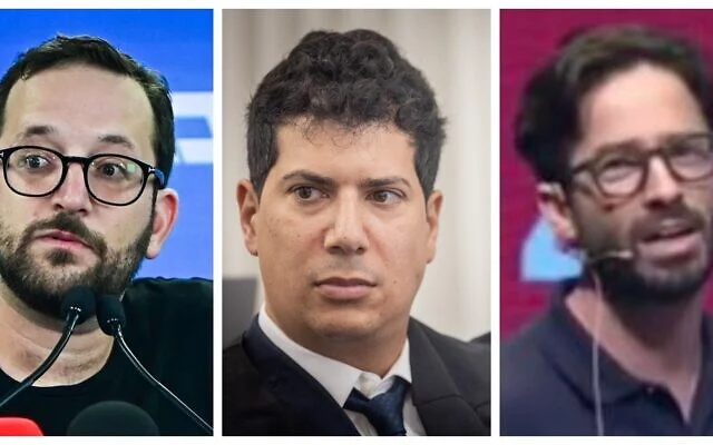 De gauche à droite : le conseiller du premier ministre Benjamin Netanyahu, Jonatan Urich (Avshalom Sassoni); l’avocat de Netanyahu, Amit Hadad (Chaim Goldberg/Flash90); et l’ancien aide de Netanyahu, Yisrael Einhorn (capture d’écran YouTube utilisée conformément à l’article 27a de la loi sur les droits d’auteur). De gauche à droite : le conseiller du premier ministre Benjamin Netanyahu, Jonatan Urich (Avshalom Sassoni); l’avocat de Netanyahu, Amit Hadad (Chaim Goldberg/Flash90); et l’ancien aide de Netanyahu, Yisrael Einhorn (capture d’écran YouTube utilisée conformément à l’article 27a de la loi sur les droits d’auteur).