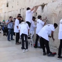 Le personnel de la Western Wall Heritage Foundation retire les notes et les messages du Mur des Lamentations avant la fête juive de Pessah, le 2 avril 2025. (Western Wall Heritage Foundation)