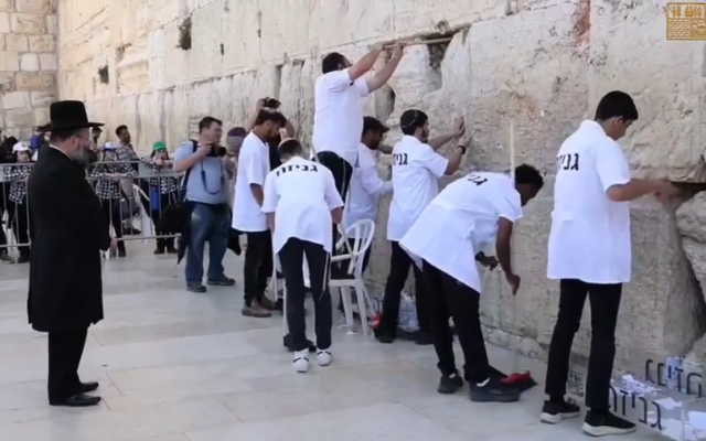 Le personnel de la Western Wall Heritage Foundation retire les notes et les messages du Mur des Lamentations avant la fête juive de Pessah, le 2 avril 2025. (Western Wall Heritage Foundation)