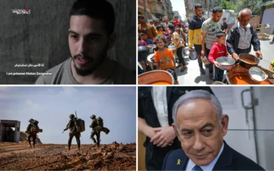 Dans le sens des aiguilles d'une montre, en partant du haut : L'otage Matan Zangauker dans une vidéo de propagande du Hamas diffusée le 7 décembre 2024. (Capture d'écran : Telegram) ; Des Palestiniens reçoivent des repas à Deir al-Balah, dans la bande de Gaza, le 19 avril 2025. (Crédit : Ali Hassan/Flash90) ; Le Premier ministre Benjamin Netanyahu arrive au tribunal de district de Tel Aviv le 19 mai 2025. (Crédit : Miriam Alster/Flash90) ; Des soldats israéliens en opération à Beit Lahia, dans le nord de la bande de Gaza, le 28 novembre 2024 (Crédit : Oren Cohen/Flash90).