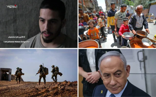 Dans le sens des aiguilles d'une montre, en partant du haut : L'otage Matan Zangauker dans une vidéo de propagande du Hamas diffusée le 7 décembre 2024. (Capture d'écran : Telegram) ; Des Palestiniens reçoivent des repas à Deir al-Balah, dans la bande de Gaza, le 19 avril 2025. (Crédit : Ali Hassan/Flash90) ; Le Premier ministre Benjamin Netanyahu arrive au tribunal de district de Tel Aviv le 19 mai 2025. (Crédit : Miriam Alster/Flash90) ; Des soldats israéliens en opération à Beit Lahia, dans le nord de la bande de Gaza, le 28 novembre 2024 (Crédit : Oren Cohen/Flash90).