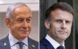 Montage photos créé le 15 avril 2025 (de gauche à droite) : Le Premier ministre Benjamin Netanyahu à son arrivée au tribunal de Tel Aviv avant le début de son procès pour corruption, le 9 avril 2025 ; le président français Emmanuel Macron attendant d'accueillir Nechirvan Barzani, président de la région autonome du Kurdistan irakien (non visible sur la photo), pour un déjeuner de travail à l'Élysée, à Paris, en France, le 14 avril 2025. (Crédits : Miriam Alster/Flash90 ; Ludovic Marin/AFP)