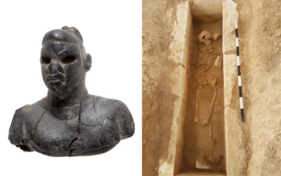 À gauche : Une figurine d’ébène découverte lors d’une fouille à Tel Malhata dans le Neguev. À droite : Tombeau excavé sur le site de Tel Malhata dans le Neguev. (Dafna Gazit, Autorité des antiquités d’Israël; Svetlana Talis/Autorité des antiquités d’Israël)