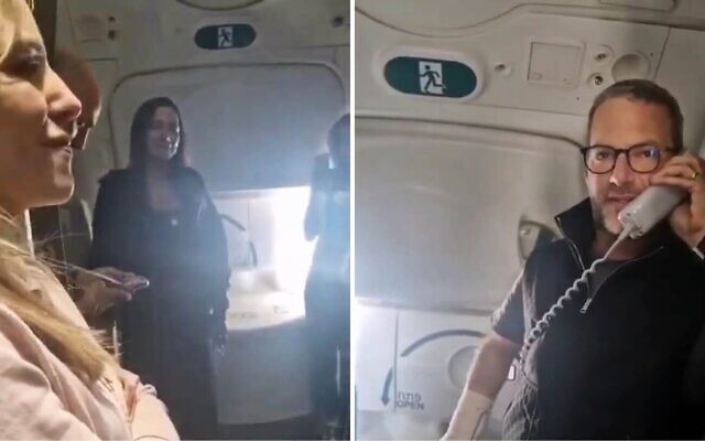 Yaël Alexander (au centre de la photo à gauche), mère de l'otage Edan, écoutant le discours de l'envoyé américain Adam Boehler dans un avion à destination d'Israël, le 12 mai 2025. (Crédit : Capture d'écran/X ; utilisée conformément à la clause 27a de la loi sur le droit d'auteur)