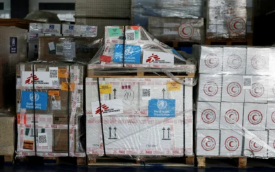 Des fournitures humanitaires destinées à Gaza sont stockées dans les entrepôts du Croissant-Rouge égyptien dans la ville frontalière égyptienne d'El-Arish, le 8 avril 2025. (Crédit : Benoit Tessier /AFP)