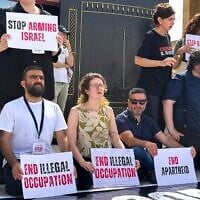 Des députés italiens et européens tiennent des pancartes lors d'une manifestation du côté égyptien du point de passage de Rafah, appelant à la fin de la guerre à Gaza et à l'entrée de l'aide humanitaire dans l'enclave palestinienne, le 18 mai 2025. (Crédit : AFP)