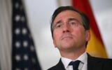 Le ministre espagnol des Affaires étrangères Jose Manuel Albares lors de sa rencontre avec le secrétaire d'État américain Marco Rubio dans la salle des traités du département d'État à Washington, DC, le 22 mai 2025. (Crédit : Drew ANGERER / AFP)