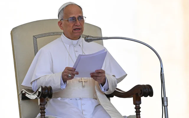 Le pape Léon XIV prononce un discours lors de l'audience hebdomadaire organisée sur la place Saint-Pierre au Vatican, le 28 mai 2025. (Crédit : Andreas SOLARO / AFP)