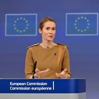 La Haute représentante et vice-présidente de l'Union européenne pour les Affaires étrangères et la Politique de sécurité, Kaja Kallas, donne une conférence de presse à Bruxelles, le 28 mai 2025. (Crédit : Nicolas TUCAT / AFP)