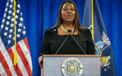 La procureure générale de New York, Letitia James, s'exprimant lors d'une conférence de presse, à New York, le 16 février 2024. (Crédit : Bebeto Matthews/AP)