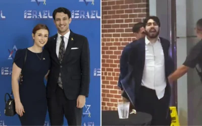 Montage photos (de gauche à droite) : Yaron Lischinsky et sa compagne Sarah Milgrim, tous deux employés de l'ambassade d'Israël aux États-Unis, ont été tués dans une fusillade à Washington le 21 mai 2025, sur une photo non datée ; le meurtrier présumé, Elias Rodriguez, qui aurait crié « Free Palestine » lors de son arrestation. (Crédits: Ambassade d'Israël à Washington ; Capture d'écran/X ; utilisée conformément à l'article 27a de la loi sur les droits d'auteur)