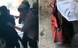 La police affrontant des Juifs orthodoxes tentant de faire entrer clandestinement une chèvre destinée au sacrifice dans l'enceinte du mont du Temple (à gauche) et le chevreau dissimulé dans un sac Rami Levy, le 12 mai 2025. (Crédit : Capture d'écran/X)