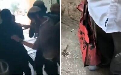 La police affrontant des Juifs orthodoxes tentant de faire entrer clandestinement une chèvre destinée au sacrifice dans l'enceinte du mont du Temple (à gauche) et le chevreau dissimulé dans un sac Rami Levy, le 12 mai 2025. (Crédit : Capture d'écran/X)