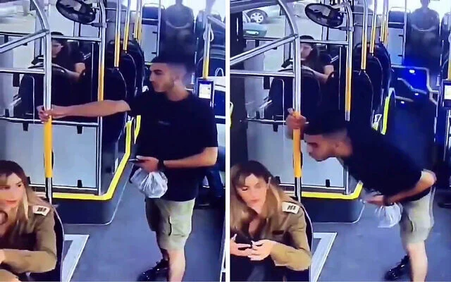 Un Palestinien crache sur une militaire israélienne à bord d'un bus à Bat Yam, le 18 mai 2025 (capture d'écran X, utilisée conformément à la clause 27a de la loi sur les droits d'auteur)