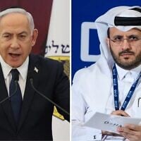 Le Premier ministre Benjamin Netanyahu (à gauche) s'exprimant lors d'une cérémonie à la veille de Yom HaZikaron, au mémorial Yad LeBanim, à Jérusalem, le 29 avril 2025 ; le porte-parole du ministère qatari des Affaires étrangères, Majed al-Ansari, s'exprimant lors d'une table ronde au Forum de Doha, à l'hôtel Sheraton, à Doha, au Qatar, le 11 décembre 2023. (Crédit : Abir Sultan/POOL/AFP ; Noushad Thekkayil/Nur Photo via Reuters)