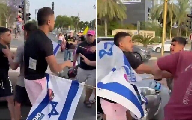 Des militants s'en prenant physiquement à des manifestants qui réclament un accord pour la libération des otages, à Rehovot, le 17 mai 2025. (Crédit : Capture d'écran/X ; utilisée conformément à la clause 27a de la loi sur le droit d'auteur)