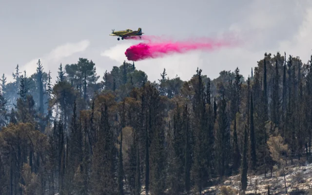 Des pompiers s'efforcent d'éteindre un gigantesque incendie de forêt à Latrun, dans la banlieue de Jérusalem, le 1er mai 2025. (Crédit : Chaim Goldberg/Flash90) Des pompiers s'efforcent d'éteindre un gigantesque incendie de forêt à Latrun, dans la banlieue de Jérusalem, le 1er mai 2025. (Crédit : Chaim Goldberg/Flash90)