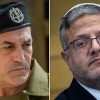 De gauche à droite : Le chef d'état-major de l'armée israélienne, le lieutenant-général Eyal Zamir, à Jérusalem, le 5 mars 2025 ; le ministre de la Sécurité nationale Itamar Ben Gvir, à la Knesset, à Jérusalem, le 24 juillet 2024. (Crédit : Yonatan Sindel/Flash90)