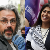A gauche : Aymeric Caron, membre du groupe parlementaire de La France Insoumise (LFI), participe à un rassemblement devant l'Institut d'études politiques (Sciences Po Paris) alors que des étudiants occupent un bâtiment en soutien aux Palestiniens, à Paris le 26 avril 2024. (Crédit : Dimitar DILKOFF / AFP). A droite : L'eurodéputée Rima Hassan du groupe de gauche au Parlement européen participe à un rassemblement place de la Bastille pour manifester contre le « coup de force » du président français deux mois après les élections législatives, à Paris le 7 septembre 2024. (Crédit :  Thibaud MORITZ / AFP)