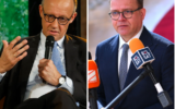 (À gauche) Le chancelier allemand Friedrich Merz participe à une discussion sur scène lors de la journée d'ouverture de la conférence numérique « Re:publica 25 » à Berlin, le 26 mai 2025. (Crédit : Odd ANDERSEN / AFP) ; (À droite) Le Premier ministre finlandais Petteri Orpo s'adresse à la presse alors qu'il arrive pour le début d'un sommet de l'Union européenne à l'Europa Building Forum, à Bruxelles, le 20 mars 2025. (Photo JOHN THYS / AFP)