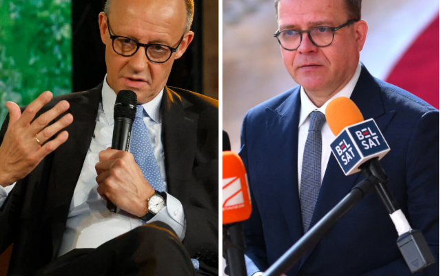 (À gauche) Le chancelier allemand Friedrich Merz participe à une discussion sur scène lors de la journée d'ouverture de la conférence numérique « Re:publica 25 » à Berlin, le 26 mai 2025. (Crédit : Odd ANDERSEN / AFP) ; (À droite) Le Premier ministre finlandais Petteri Orpo s'adresse à la presse alors qu'il arrive pour le début d'un sommet de l'Union européenne à l'Europa Building Forum, à Bruxelles, le 20 mars 2025. (Photo JOHN THYS / AFP) (À gauche) Le chancelier allemand Friedrich Merz participe à une discussion sur scène lors de la journée d'ouverture de la conférence numérique « Re:publica 25 » à Berlin, le 26 mai 2025. (Crédit : Odd ANDERSEN / AFP) ; (À droite) Le Premier ministre finlandais Petteri Orpo s'adresse à la presse alors qu'il arrive pour le début d'un sommet de l'Union européenne à l'Europa Building Forum, à Bruxelles, le 20 mars 2025. (Photo JOHN THYS / AFP)