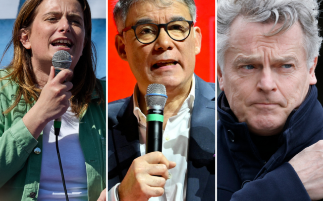 (À gauche) La secrétaire nationale du parti de gauche français Les Ecologistes (EELV), Marine Tondelier, s'exprime lors d'un rassemblement contre l'extrême-droite, à Paris, le 6 avril 2025. (Crédit : Kiran RIDLEY / AFP) ; (Au centre) Le premier secrétaire du Parti socialiste français (PS), Olivier Faure, participe au congrès électoral du Parti socialiste européen (PSE) en vue des élections européennes de 2024, à Rome le 2 mars 2024. (Crédit : Andreas SOLARO / AFP) ; (À droite) Le secrétaire national du Parti communiste français (PCF), Fabien Roussel, quitte le Palais de l'Élysée à Paris, le 20 février 2025. (Crédit : Ludovic MARIN / AFP) (À gauche) La secrétaire nationale du parti de gauche français Les Ecologistes (EELV), Marine Tondelier, s'exprime lors d'un rassemblement contre l'extrême-droite, à Paris, le 6 avril 2025. (Crédit : Kiran RIDLEY / AFP) ; (Au centre) Le premier secrétaire du Parti socialiste français (PS), Olivier Faure, participe au congrès électoral du Parti socialiste européen (PSE) en vue des élections européennes de 2024, à Rome le 2 mars 2024. (Crédit : Andreas SOLARO / AFP) ; (À droite) Le secrétaire national du Parti communiste français (PCF), Fabien Roussel, quitte le Palais de l'Élysée à Paris, le 20 février 2025. (Crédit : Ludovic MARIN / AFP)