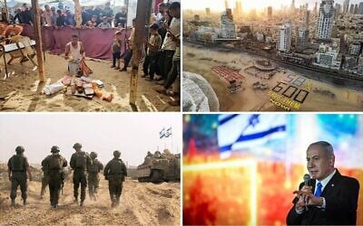 Dans le sens des aiguilles d'une montre, en partant du haut à gauche : Un Palestinien examine le contenu d’un colis alimentaire distribué à Rafah, dans le sud de la bande de Gaza, par une organisation humanitaire soutenue par les États-Unis, le 27 mai 2025. (Crédit : AFP) ; Des proches d'otages israéliens et des sympathisants manifestent pour leur libération sur la plage de Tel Aviv, marquant les 600 jours de captivité des otages, le 28 mai 2025. (Crédit : Erik Marmor/Flash90) ; Le Premier ministre Benjamin Netanyahu s'exprime lors d'une cérémonie d'État de la Journée de Jérusalem à la Colline des munitions à Jérusalem, le 26 mai 2025. (Crédit : Arie Leib Abrams/Flash90) ; Des soldats de la 401e brigade blindée de Tsahal opérant dans le nord de la bande de Gaza. Photo publiée le 25 mai 2025. (Crédit : Armée israélienne)