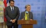 Leah Goldin, la mère du lieutenant Hadar Goldin, dont le corps est détenu à Gaza depuis 2014, fait une déclaration à la presse au siège du Conseil de sécurité de l'ONU, en compagnie de l'ambassadeur d'Israël auprès de l'ONU, Danny Danon, le 15 mai 2025. (Capture d'écran, UN Web TV)