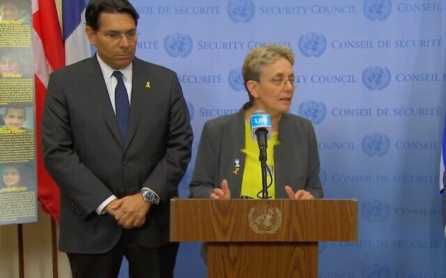 Leah Goldin, la mère du lieutenant Hadar Goldin, dont le corps est détenu à Gaza depuis 2014, fait une déclaration à la presse au siège du Conseil de sécurité de l'ONU, en compagnie de l'ambassadeur d'Israël auprès de l'ONU, Danny Danon, le 15 mai 2025. (Capture d'écran, UN Web TV)