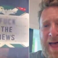 Dave Portnoy (à droite), fondateur de Barstool Sports, s'emportant dans une vidéo mise en ligne en réponse à une pancarte « F*** the Jews » (à gauche) affichée dans un bar dont il est propriétaire, à Philadelphie, le 4 mai 2025. (Crédit : Captures d'écran via X)