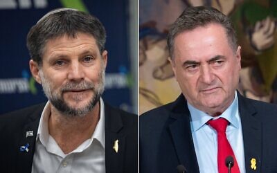 De gauche à droite : le ministre des Finances Bezalel Smotrich, à la Knesset, à Jérusalem, le 12 mai 2025 ; le ministre de la Défense Israel Katz, à la Knesset, à Jérusalem, le 24 avril 2025. (Crédits : Yonatan Sindel/Flash90 ; Arie Leib Abrams/Flash90)