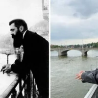 Theodor Herzl sur un balcon à Bâle en 1901; Yuval Raphael reprenant la même pose, le 16 mai 2025. (Archive Bettman; Nitzan Livnat/Kan)