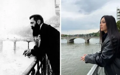 Theodor Herzl sur un balcon à Bâle en 1901; Yuval Raphael reprenant la même pose, le 16 mai 2025. (Archive Bettman; Nitzan Livnat/Kan)