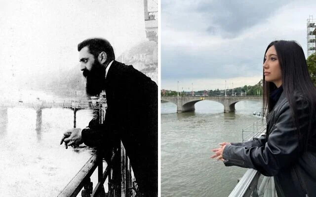 Theodor Herzl sur un balcon à Bâle en 1901; Yuval Raphael reprenant la même pose, le 16 mai 2025. (Archive Bettman; Nitzan Livnat/Kan)