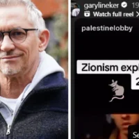 Gary Lineker (à gauche) et la publication antisémite qu'il a partagée, le 12 mai 2025. (Montage : UK Jewish News)