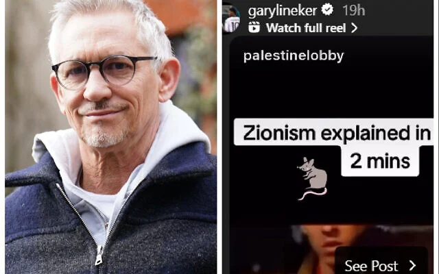 Gary Lineker (à gauche) et la publication antisémite qu'il a partagée, le 12 mai 2025. (Montage : UK Jewish News)