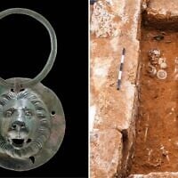 Montage photos (de gauche à droite) : Un disque en bronze vieux de 1 900 ans en forme de tête de lion trouvé à Khirbat Ibreika, près de Kfar Saba ; la tombe où le disque a été découvert, avec des récipients en verre. (Crédit : Dafna Gazit, Autorité israélienne des Antiquités ; Assaf Peretz/Autorité israélienne des Antiquités)