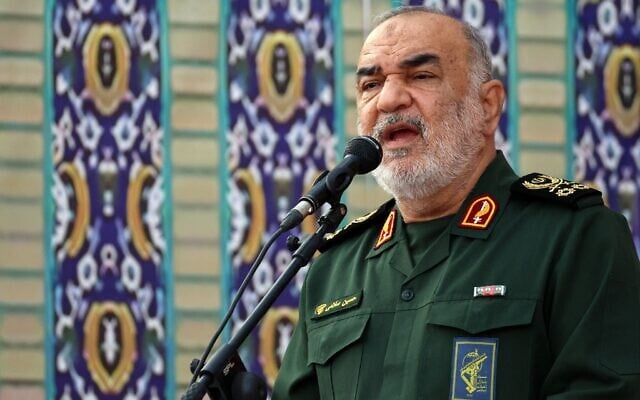 Le chef du Corps des Gardiens de la Révolution islamique (CGRI), le bras armé du régime iranien Hossein Salami, à Téhéran, le 15 mai 2025. (Crédit : AFP)
