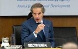 Rafael Grossi, directeur général de l'Agence internationale de l'énergie atomique, lors de la réunion du Conseil des gouverneurs de l'AIEA, au siège de l'agence à Vienne, en Autriche, le 16 juin 2025. (Crédit : Joe Klamar/AFP)