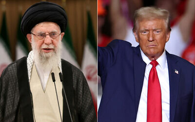 MONTAGE : le guide suprême iranien, l'ayatollah Ali Khamenei (à gauche), s'exprimant après avoir voté lors du second tour de l'élection présidentielle à Téhéran le 5 juillet 2024, et l'ancien président américain et candidat républicain à la présidence Donald Trump saluant ses partisans à la fin d'un meeting électoral à la PPG Paints Arena de Pittsburgh, en Pennsylvanie, le 4 novembre 2024.  Crédits : ATTA KENARE et CHARLY TRIBALLEAU / AFP)