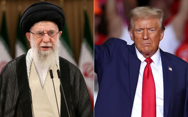 MONTAGE : le guide suprême iranien, l'ayatollah Ali Khamenei (à gauche), s'exprimant après avoir voté lors du second tour de l'élection présidentielle à Téhéran le 5 juillet 2024, et l'ancien président américain et candidat républicain à la présidence Donald Trump saluant ses partisans à la fin d'un meeting électoral à la PPG Paints Arena de Pittsburgh, en Pennsylvanie, le 4 novembre 2024. Crédits : ATTA KENARE et CHARLY TRIBALLEAU / AFP) MONTAGE : le guide suprême iranien, l'ayatollah Ali Khamenei (à gauche), s'exprimant après avoir voté lors du second tour de l'élection présidentielle à Téhéran le 5 juillet 2024, et l'ancien président américain et candidat républicain à la présidence Donald Trump saluant ses partisans à la fin d'un meeting électoral à la PPG Paints Arena de Pittsburgh, en Pennsylvanie, le 4 novembre 2024. Crédits : ATTA KENARE et CHARLY TRIBALLEAU / AFP)