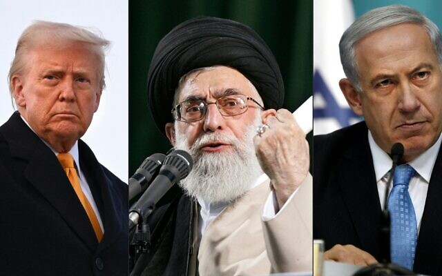 MONTAGE : le président américain Donald Trump levant le poing alors qu'il monte à bord d'Air Force One à la base militaire d'Andrews, dans le Maryland, le 7 mars 2025 ; le guide suprême iranien, l'ayatollah Ali Khamenei, prononçant un discours à Téhéran le 4 juin 2007 ; le Premier ministre israélien Benjamin Netanyahu gesticulant lors d'un discours à Jérusalem le 27 août 2014. (Crédit : AFP)